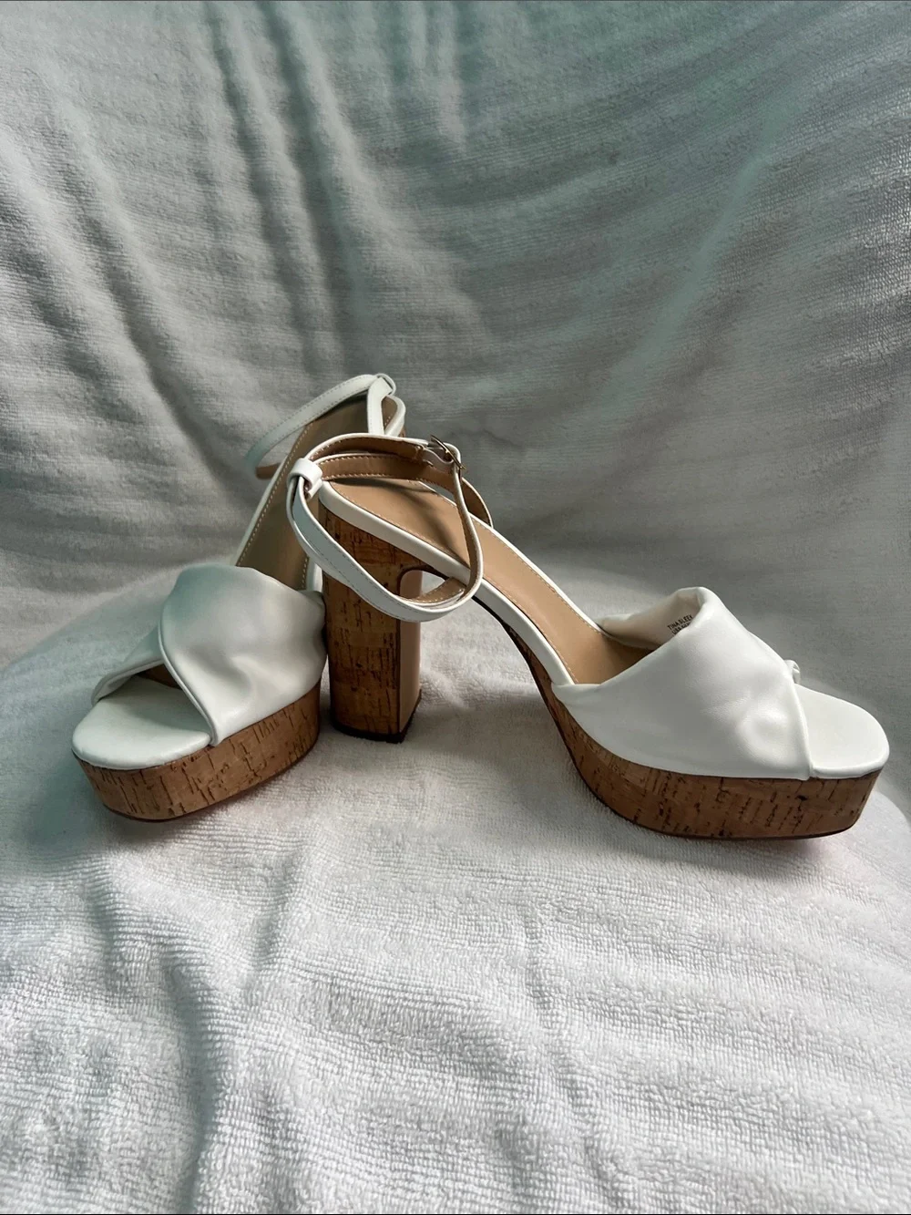 JustFab White Cork Platform Ankle-Strap Heels Size 9.5 White Block Heels